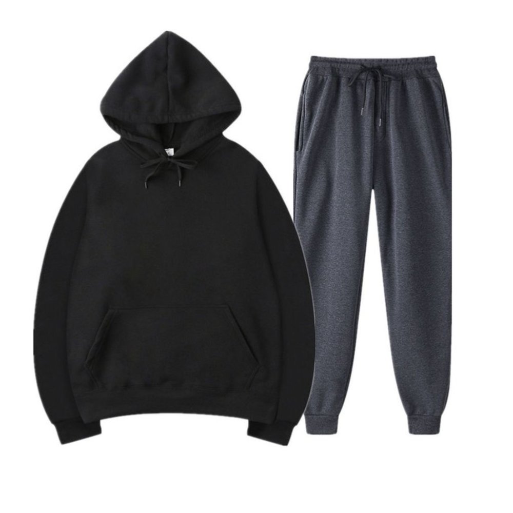 Women Tracksuit Set Small Gray-Black Hoodie-Jogger Set Sports Set Relax Fit